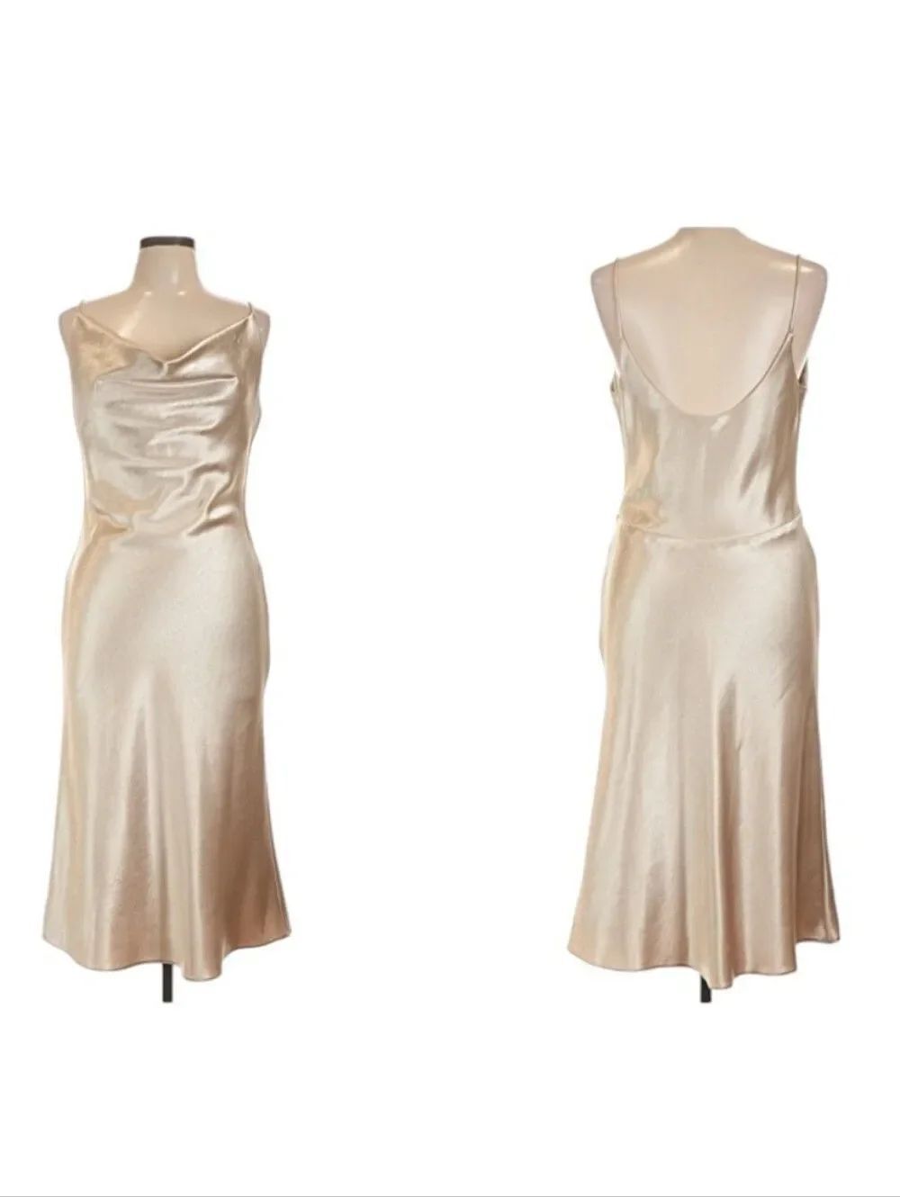 Black Halo Eve Champagne Satin Dress Cowl Neck Scoop Back Size L